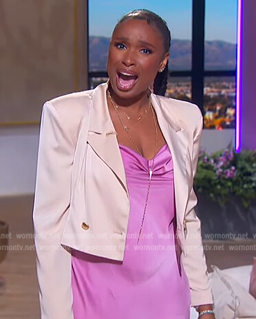 Jennifer's pink satin slip dress and blazer on The Jennifer Hudson Show