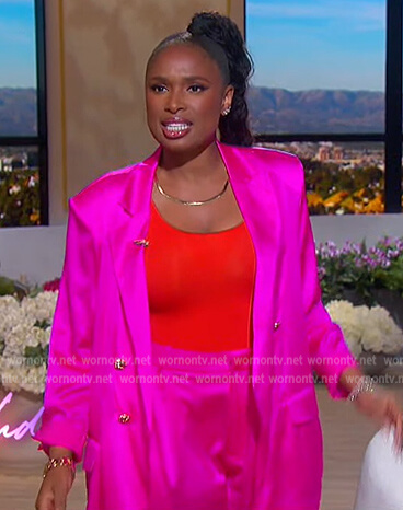 Jennifer’s pink satin double breasted blazer on The Jennifer Hudson Show