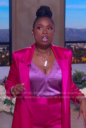 Jennifer’s pink satin blazer and lace trim cami on The Jennifer Hudson Show