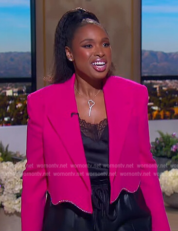 Jennifer's black lace cami and pink embellished blazer on The Jennifer Hudson Show