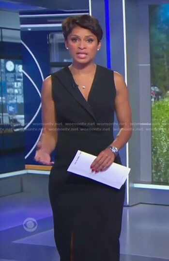 Jericka’s black sleeveless v-neck dress on CBS Evening News