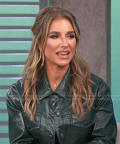 Jessie James Decker’s green leather jacket and skirt on Access Hollywood