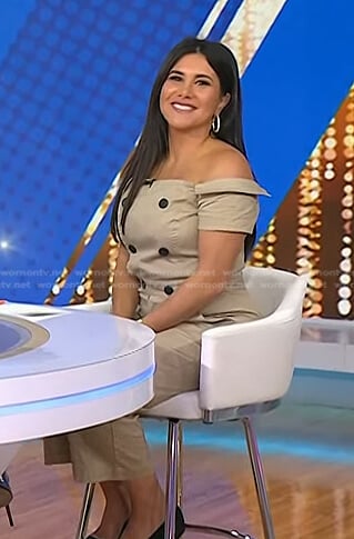 Joelle Garguilo’s beige off-shoulder jumpsuit on Today