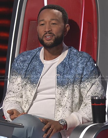 John's blue and white colorblock embellished bomber jacket on The Voice
