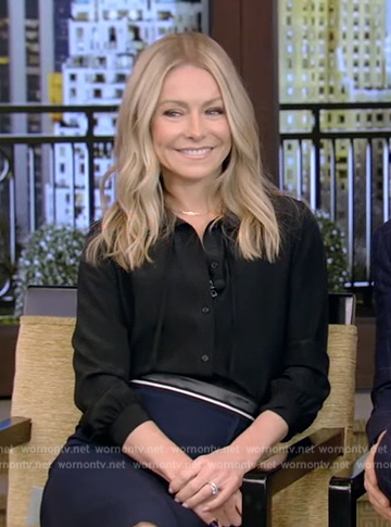 Kelly's black tie neck blouse and pencil skirt on Live with Kelly and Ryan