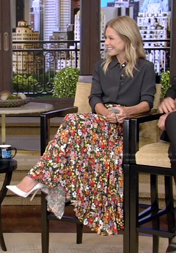 Kelly’s black blouse and floral midi skirt on Live with Kelly and Ryan