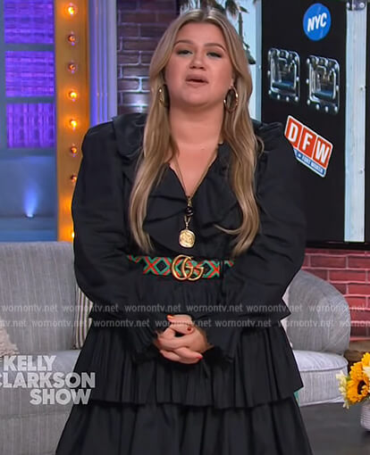 Kelly’s black ruffle hem mini dress on The Kelly Clarkson Show