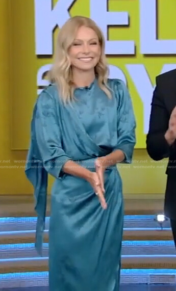 Kelly’s blue satin draped dress on Live with Kelly and Ryan
