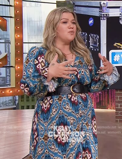 Kelly's blue ikat print dress on The Kelly Clarkson Show