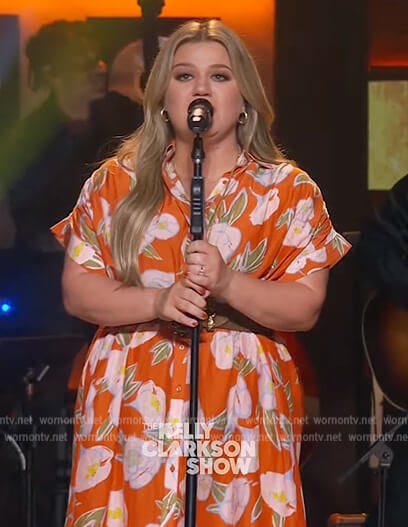 Kelly's orange floral print dress on The Kelly Clarkson Show