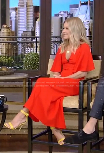 Kelly’s red flutter sleeve v-neck dress on Live with Kelly and Ryan