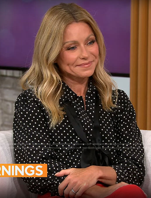 Kelly Ripa’s polka dot blouse and red pencil skirt on CBS Mornings