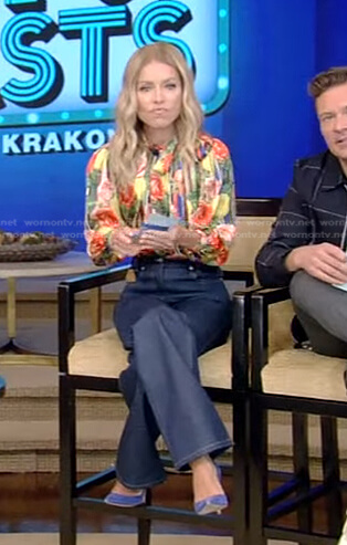 Kelly's floral striped blouse and jeans on Live with Kelly and Ryan