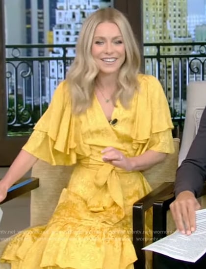 Kelly’s yellow tiered wrap dress on Live with Kelly and Ryan