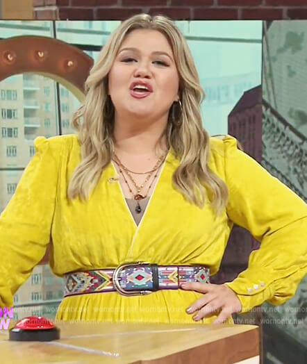 Kelly’s yellow velvet wrap dress on The Kelly Clarkson Show