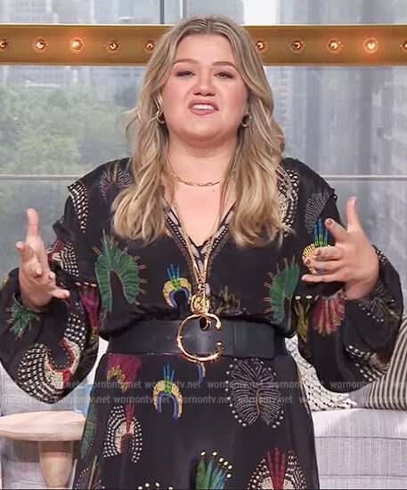 Kelly’s black floral print jumpsuit on The Kelly Clarkson Show