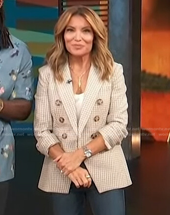 Kit’s white check double breasted blazer on Access Hollywood
