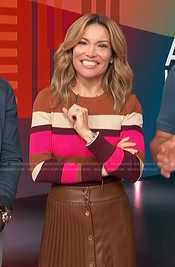 Kit's multicolor striped ribbed sweater and pleated skirt on Access Hollywood