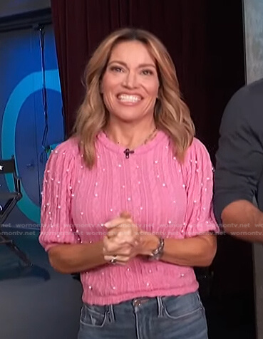 Kit’s pink pearl embellished sweater on Access Daily