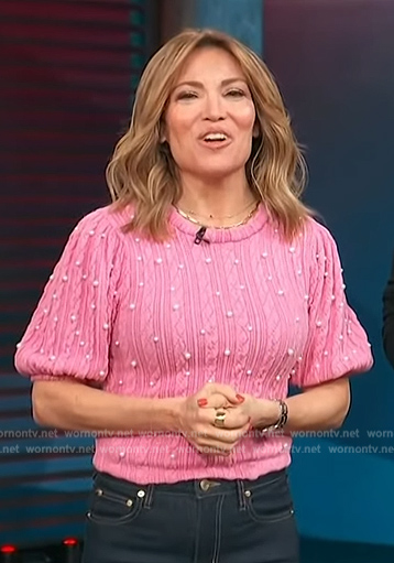 WornOnTV: Kit’s pink pearl embellished sweater on Access Daily | Kit ...