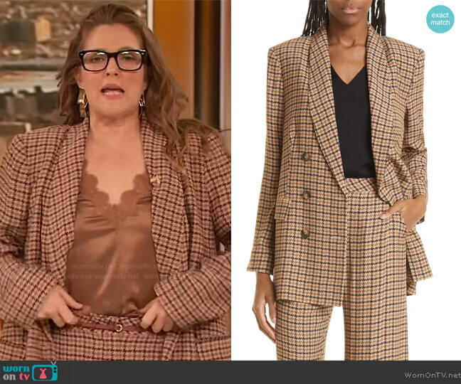 L'Agence Jayda Houndstooth Double-Breasted Blazer and Pants worn by Drew Barrymore on The Drew Barrymore Show