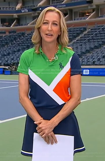 Lara’s green, orange and navy colorblock polo shirt and skirt on Good Morning America