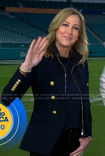 Lara’s navy double breasted blazer on Good Morning America