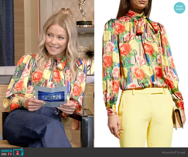 Libertine Tequila Sunrise Tie Collar Blouse worn by Kelly Ripa on Live with Kelly and Mark