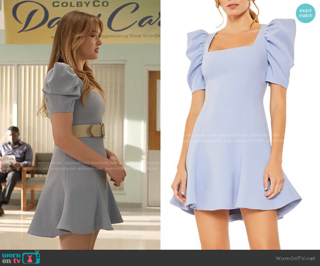 Likely Alia Square-Neck Peplum Mini Dress worn by Kirby Anders (Maddison Brown) on Dynasty
