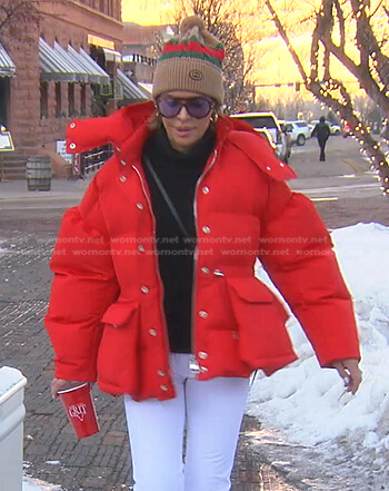 Lisa's red oversized puffer jacket and brown beanie on The Real Housewives of Beverly Hills