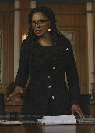 Liz's black tweed button down jacket on The Good Fight