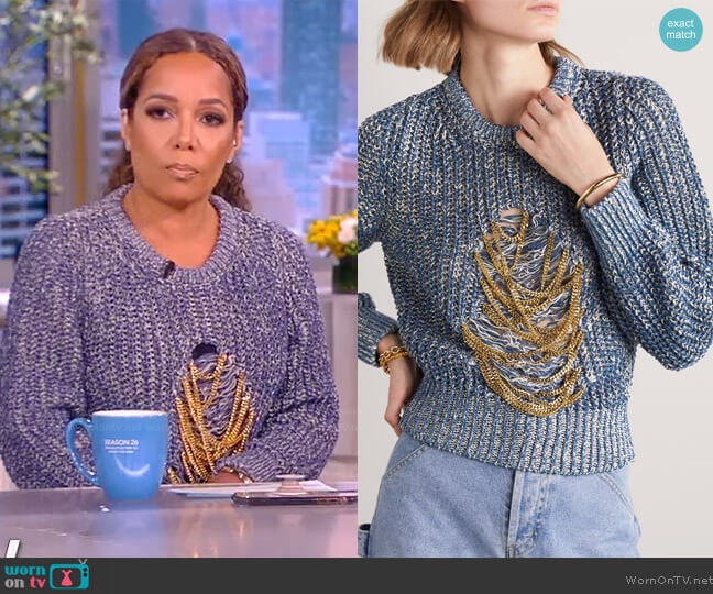 Loewe Embellished distressed mélange hemp-blend sweater worn by Sunny Hostin on The View