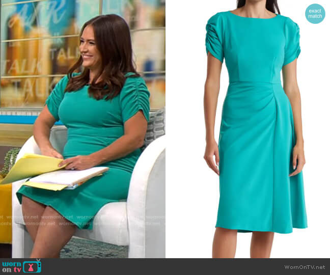 Maggy London Short Ruched Sleeve Pleated Skirt Dress in Spectra Green worn by Nikki Battiste on CBS Mornings