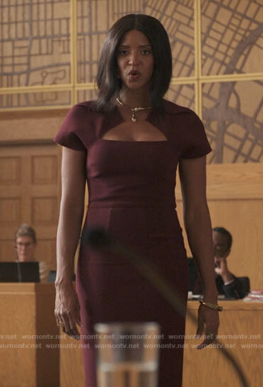 Mallory’s burgundy short sleeve dress on She-Hulk Attorney at Law