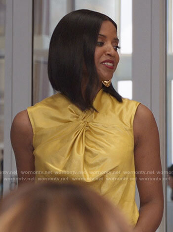 Mallory's yellow sleeveless twist neck top on She-Hulk Attorney at Law