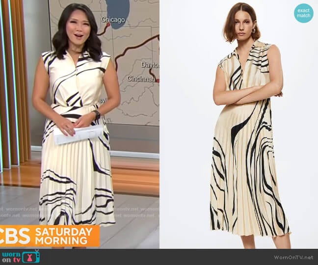 Mango Flowy pleated dress worn by Nancy Chen on CBS Mornings