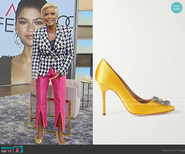 Manolo Blahnik Hangisi 105 embellished satin pumps worn by Tamron Hall on Tamron Hall Show