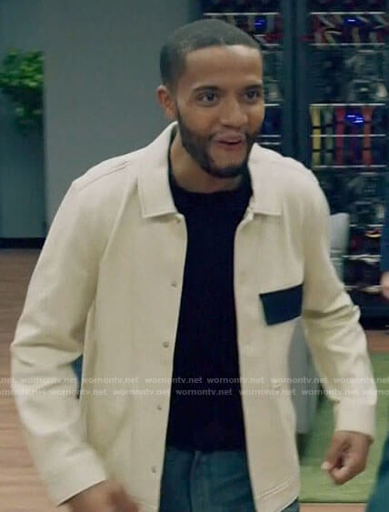 Micah's white jacket with contrast pocket on Queen Sugar