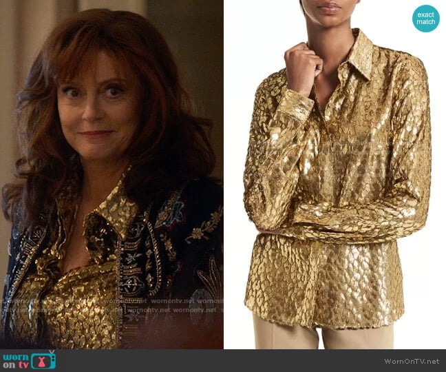 Michael Kors Hansen Metallic Leopard-Jacquard Shirt worn by Dottie Cantrell Roman (Susan Sarandon) on Monarch