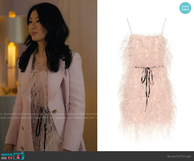 Monique Lhuillier Feather-trimmed tulle minidress worn by Ingrid Yun (Arden Cho) on Partner Track