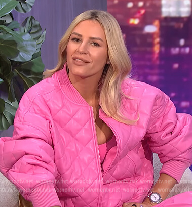 Morgan’s pink quilted bomber jacket on E! News Nightly Pop