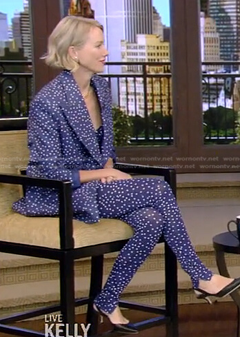 Naomi Watts's blue polka dot jumpsuit and blazer on Live with Kelly and Ryan