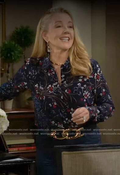 Nikki’s navy floral print button down blouse on The Young and the Restless