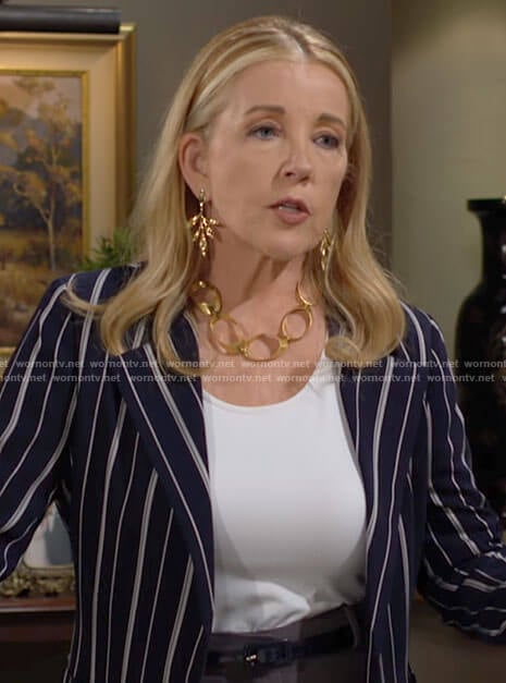 Nikki’s navy striped jacket on The Young and the Restless