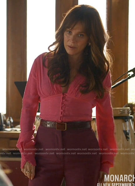 Nikki’s pink v-neck button front top on Monarch
