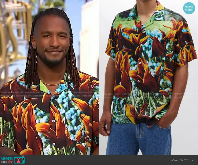 Obey Bloom Regular Fit Floral Short Sleeve Button-Up Shirt worn by Scott Evans on Access Hollywood
