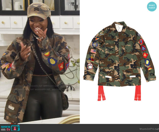 Off-White Virgil Ablou Designed Camouflage Patched Jacket worn by Marlo Hampton on The Real Housewives of Atlanta