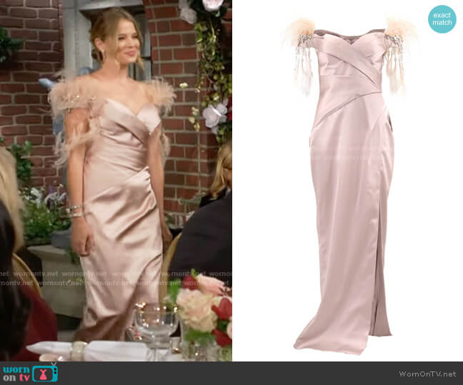 Pamella Roland Satin Gown With Feathers worn by Summer Newman (Allison Lanier) on The Young and the Restless