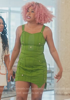 Phoebe's green button detail mini dress on Everythings Trash