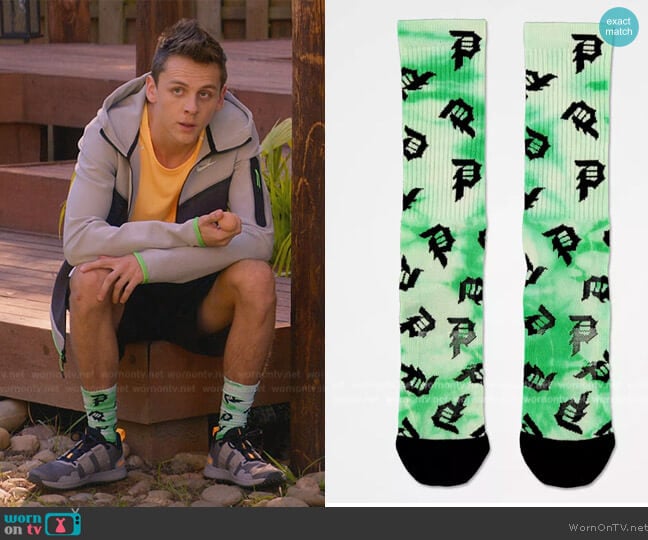 Primitive Dirty P Scatter Green Tie Dye Crew Socks worn by Jacob Bertrand (Jacob Bertrand) on Cobra Kai